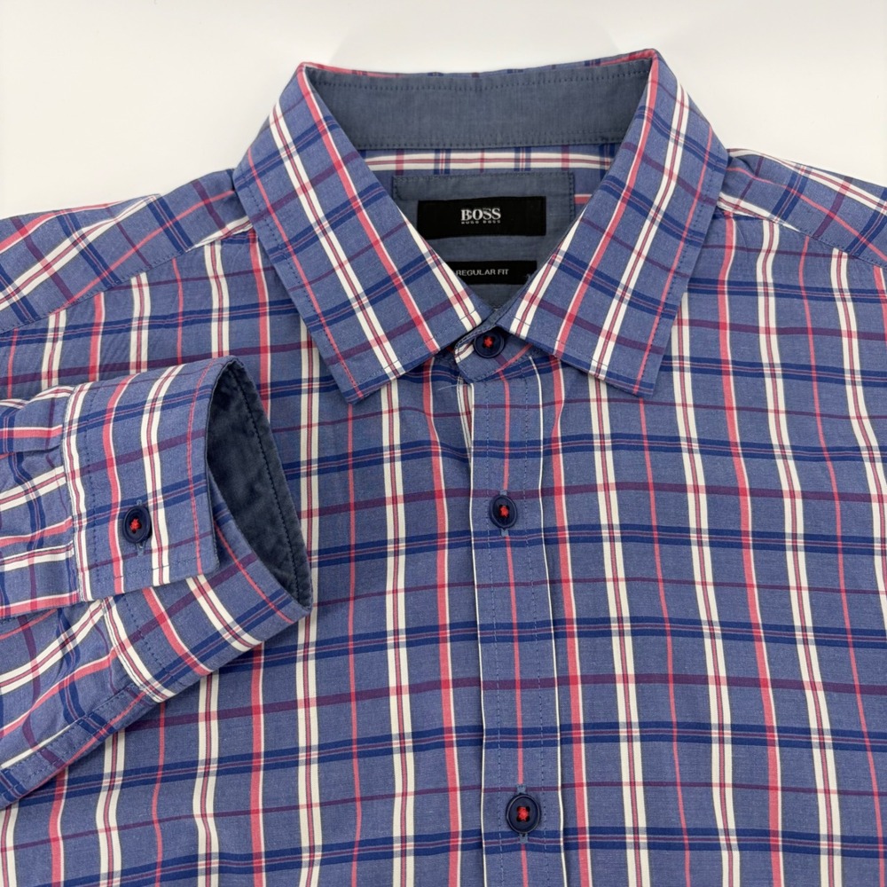 BOSS HUGO BOSS Mens Regular Fit Plaid‎ Long Sleeve Dress Shirt Size M